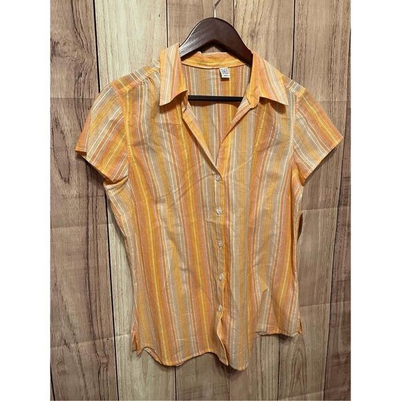 IZOD Medium NWT light summer blouse button up top shirt orange/yellow striped - Picture 7 of 7